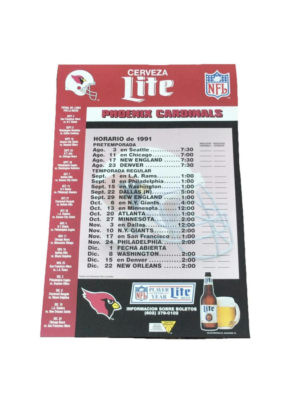 Vintage Lite Beer 1991 Phoenix Cardinals Spanish NFL Football 90s Decor Poster